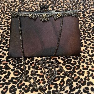 VINTAGE JESSICA McCLINTOCK BLACK SATIN WITH METAL FLORAL AND RHINESTONE CLUTCH